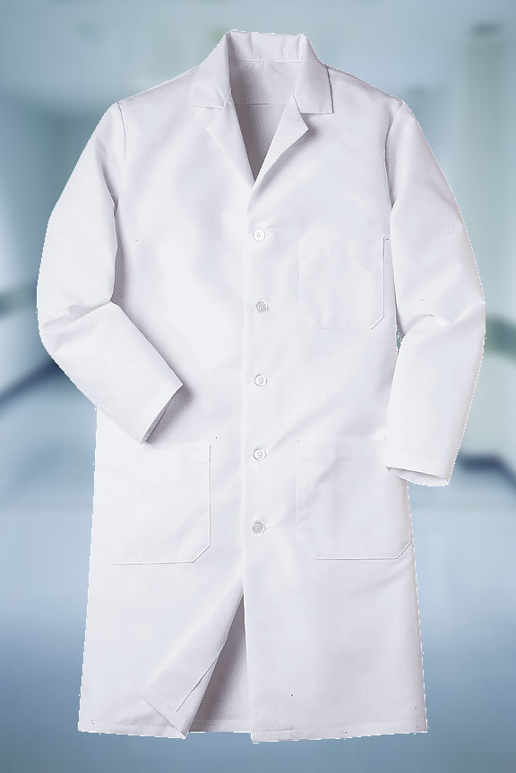 man in button front lab coat
